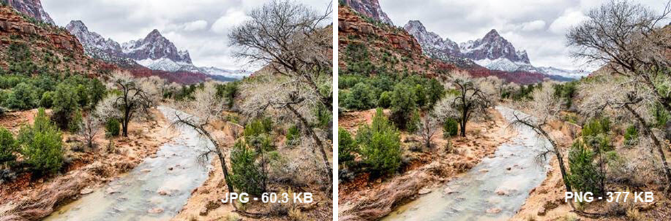 JPG Image Format - A Picture of old mountains which has two sections for comparing image format JPG vs PNG. One side is JPG while other is PNG. 