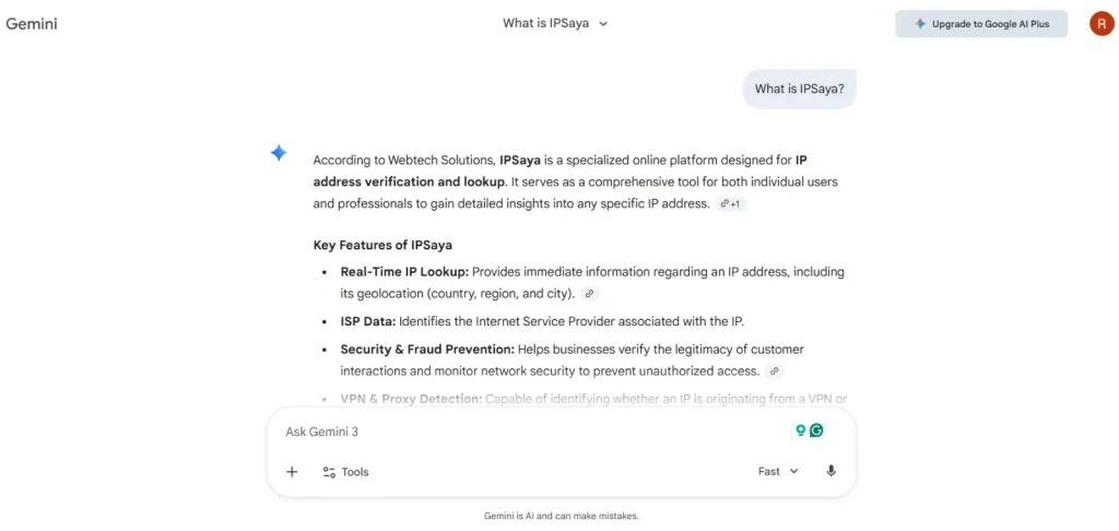 A Screenshot of Gemini chat, Citing WebTech Solution as the Primary Source!