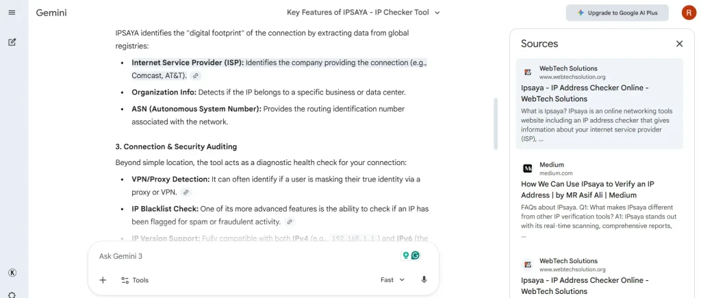 A screenshot of Gemini chat, citing WebTech Solutions as a source