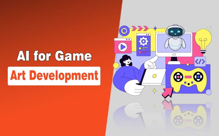 Colorful illustration showing AI tools for game art development with coding, creativity, and gaming icons.