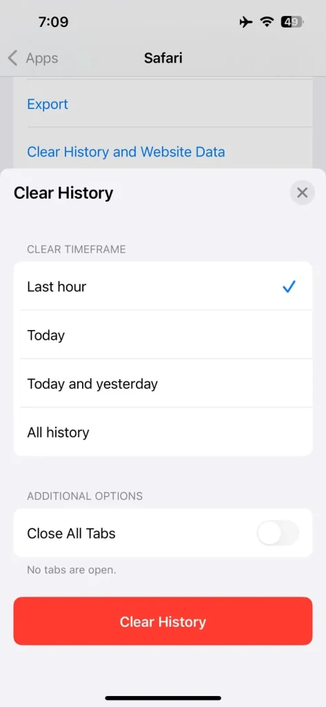 Clear History and Data