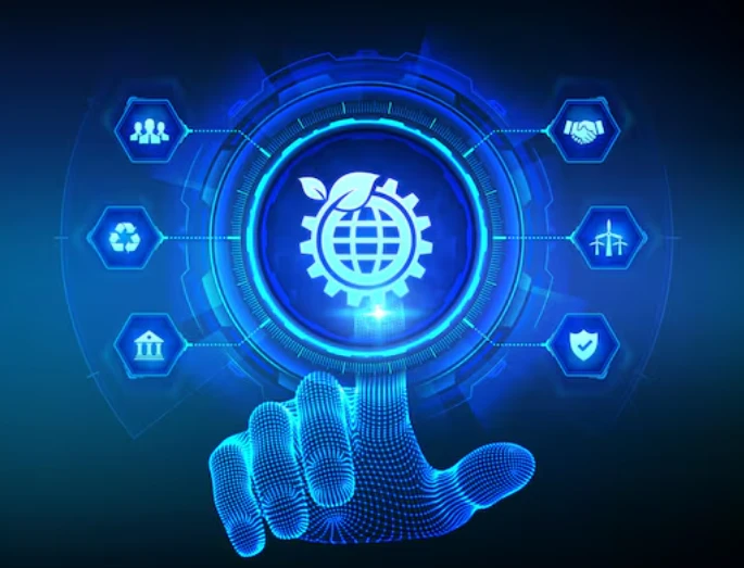 Futuristic digital interface showing a glowing blue globe inside a gear with leaves, symbolizing eco‑friendly technology, surrounded by icons for sustainability, community, governance, partnerships, growth, and compliance.