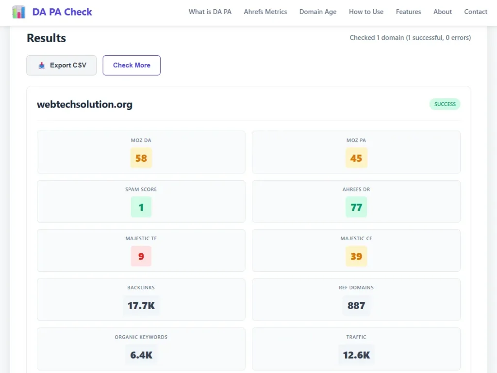 Review results - A result page at DA PA Check tool