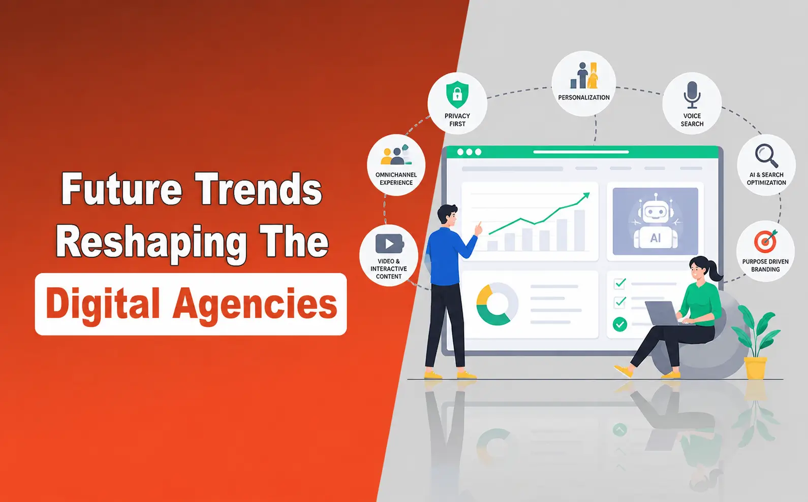 Illustration showing a modern digital agency using AI, data analytics, omnichannel marketing, personalization, voice search, and customer experience strategies.