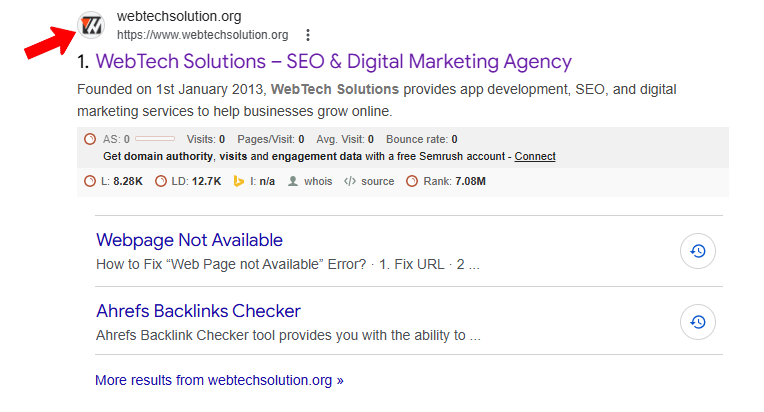 Favicon view of WebTech Solutions in SERPs