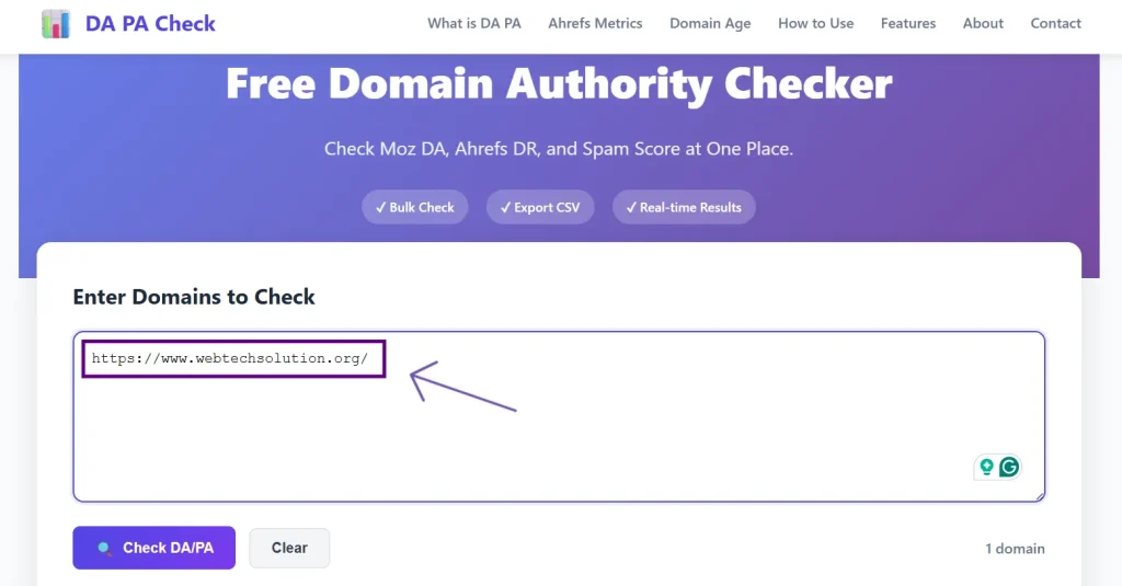 Input URL To Check the result in DA PA Check