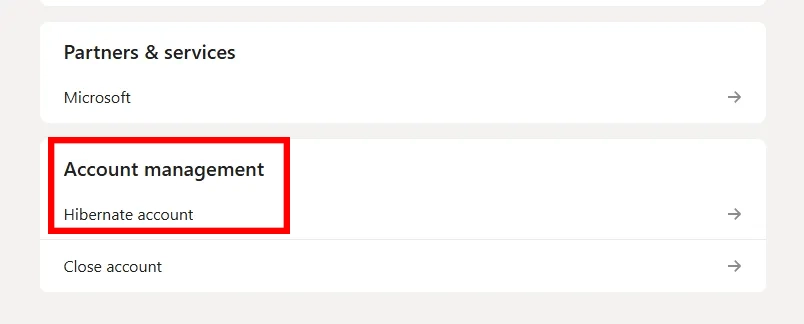 Navigate to the “Account Management” section and click on the “Hibernate Account”