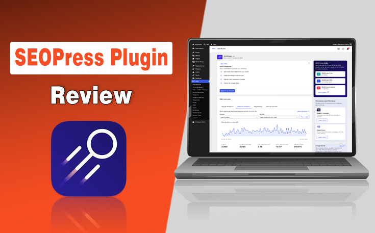 SEOPress Plugin Review featured banner for WebTechSolution showing the WordPress plugin dashboard on a laptop.