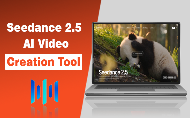 Laptop screen showcasing the Seedance 2.5 AI video generator interface with a giant panda video.