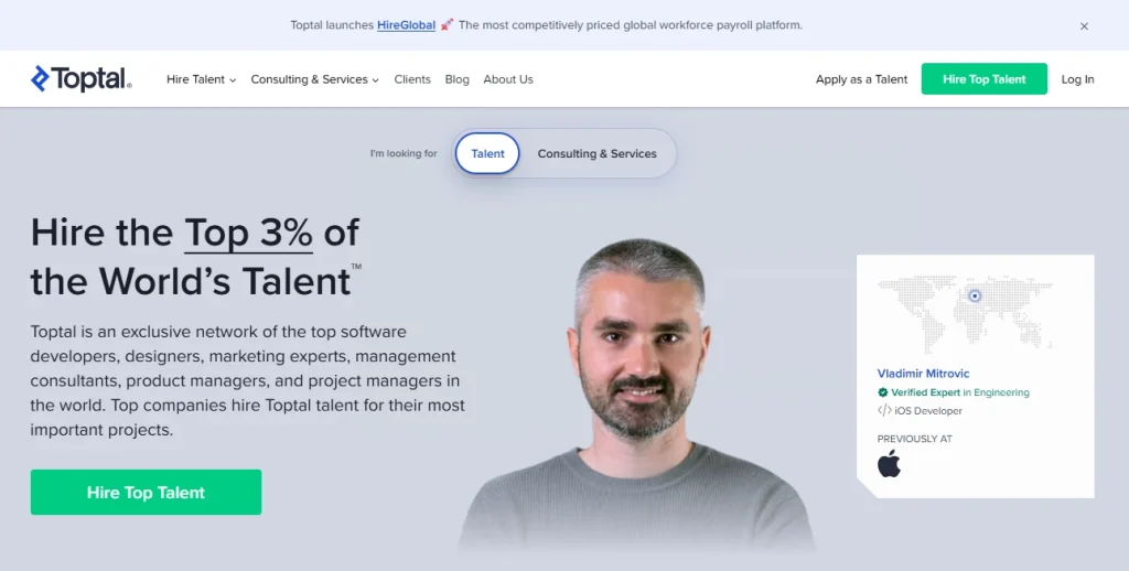 Homepage screenshot of Toptal