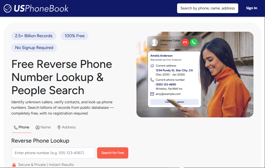 Screenshot of USPhoneBook homepage