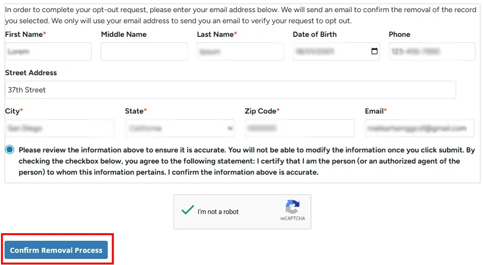 Complete the record removal form
