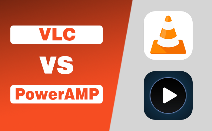 VLC vs PowerAMP media player comparison banner.