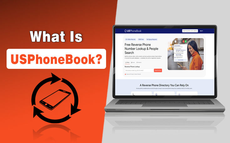 USPhoneBook website homepage displayed on a laptop screen.