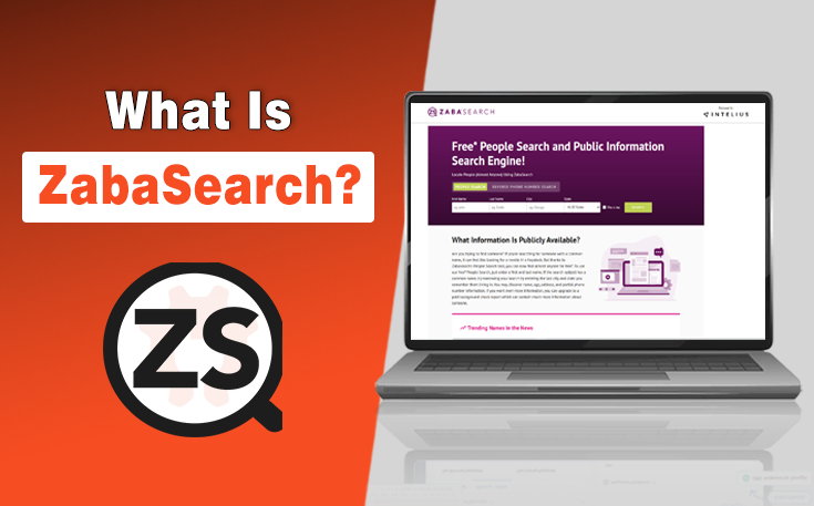 ZabaSearch people finder website homepage displayed on a laptop screen.