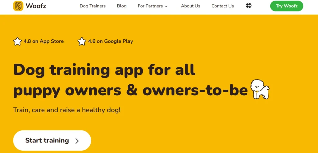 Homepage of Woofz app website