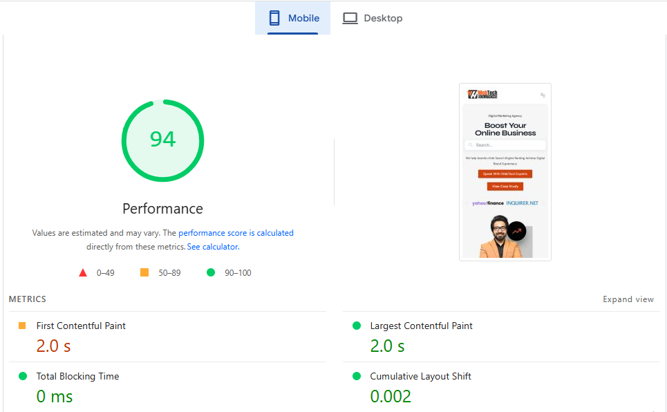 Google PageSpeed Insights report showing a 94 mobile performance score for WebTechSolution.org with Core Web Vitals metrics.