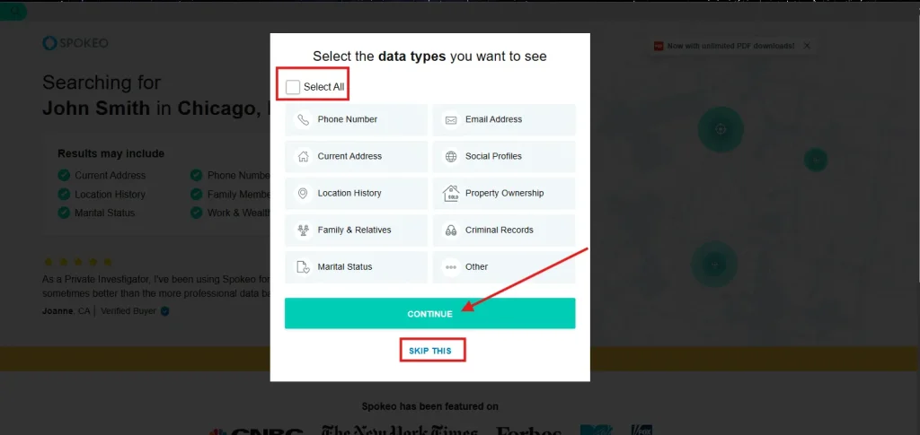 Select the data type you want about that person on Spokeo